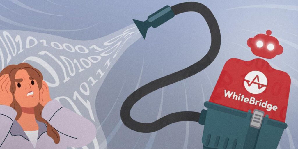 rysunek schematyczny, człowiek trzymający się za głowę, zasysany, w ciągu zer i jedynek, odkurzaczem-robotem z napisem WhiteBridge