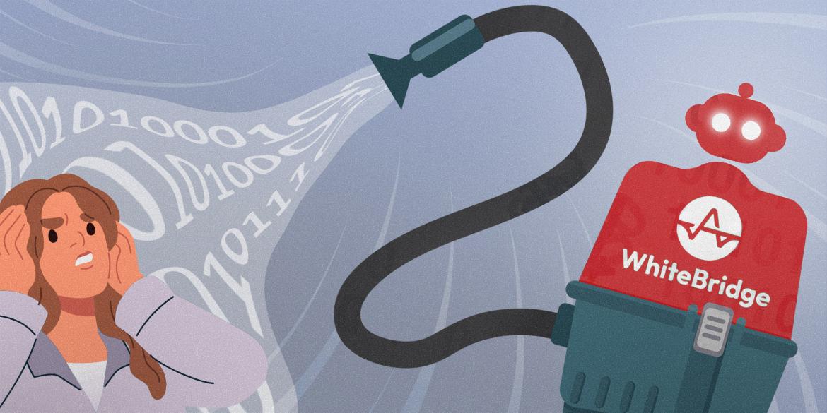 rysunek schematyczny, człowiek trzymający się za głowę, zasysany, w ciągu zer i jedynek, odkurzaczem-robotem z napisem WhiteBridge